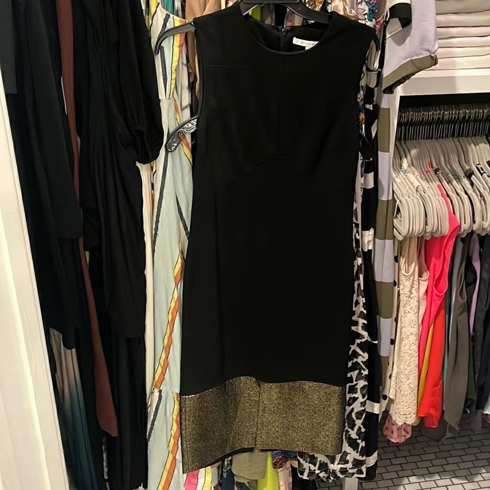 DVF black shift dress with gold foiling detail trim at bottom size 2 EUC